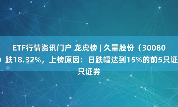 ETF行情资讯门户 龙虎榜 | 久量股份（300808）跌18.32%，上榜原因：日跌幅达到15%的前5只证券